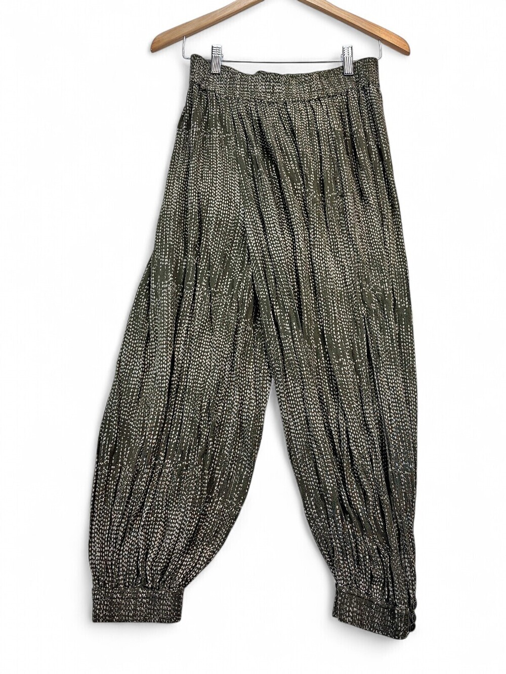 Hei Hei Women Olive Green Dotted Pleated Harem Pants Cropped Elastic Waist XS
